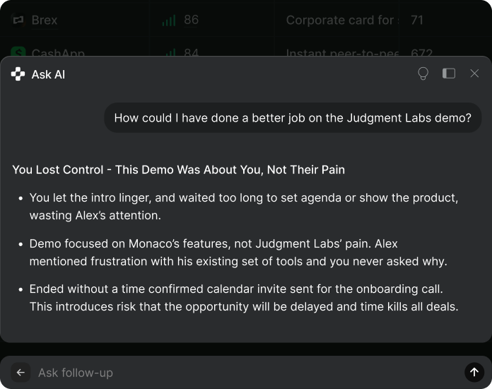Ask Monaco - AI chat interface with sales coaching feedback